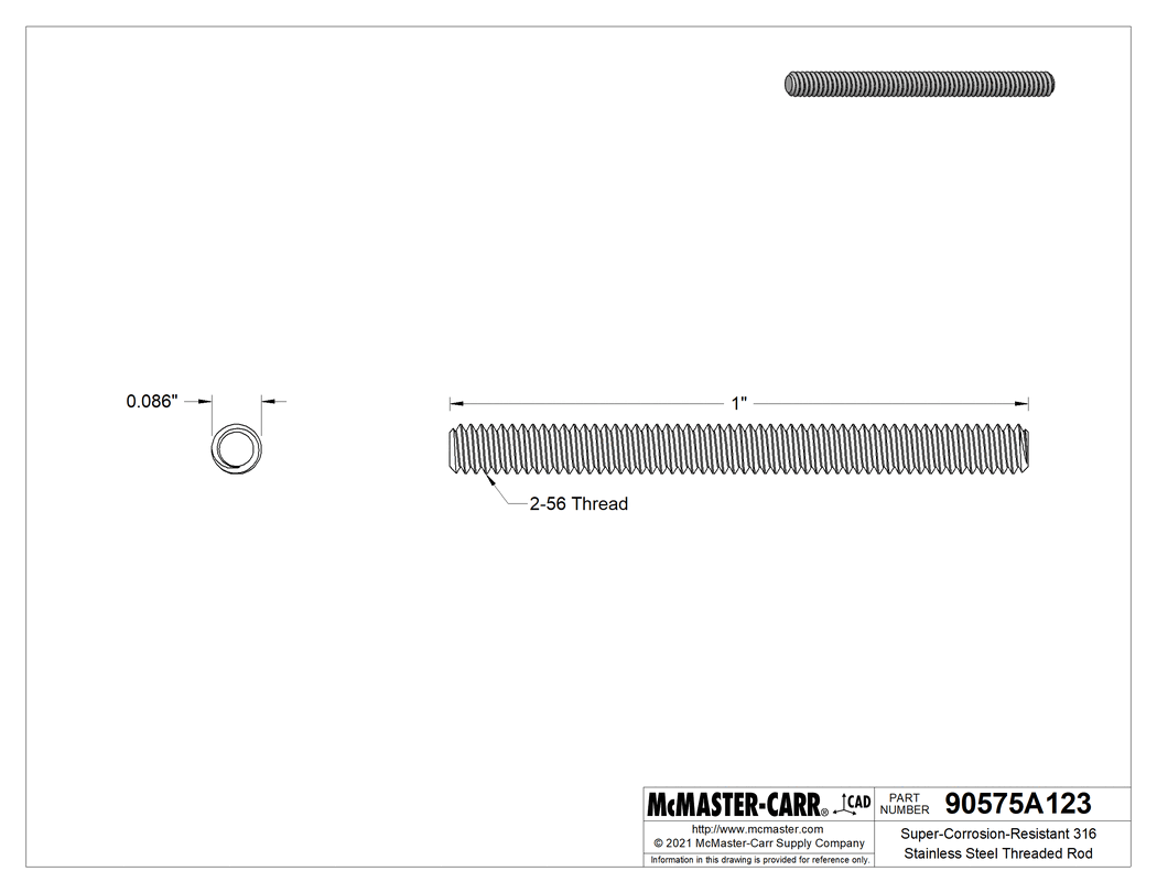 Technical Drawing of Super-Corrosion-Resistant 316 Stainless Steel Threaded Rod, 2-56 Thread Size, 1" Long.